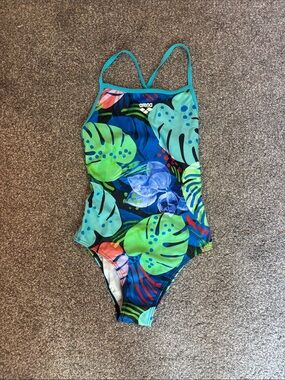 arena Women's Teal and Blue Tropical Leaf One-Piece Swimsuit